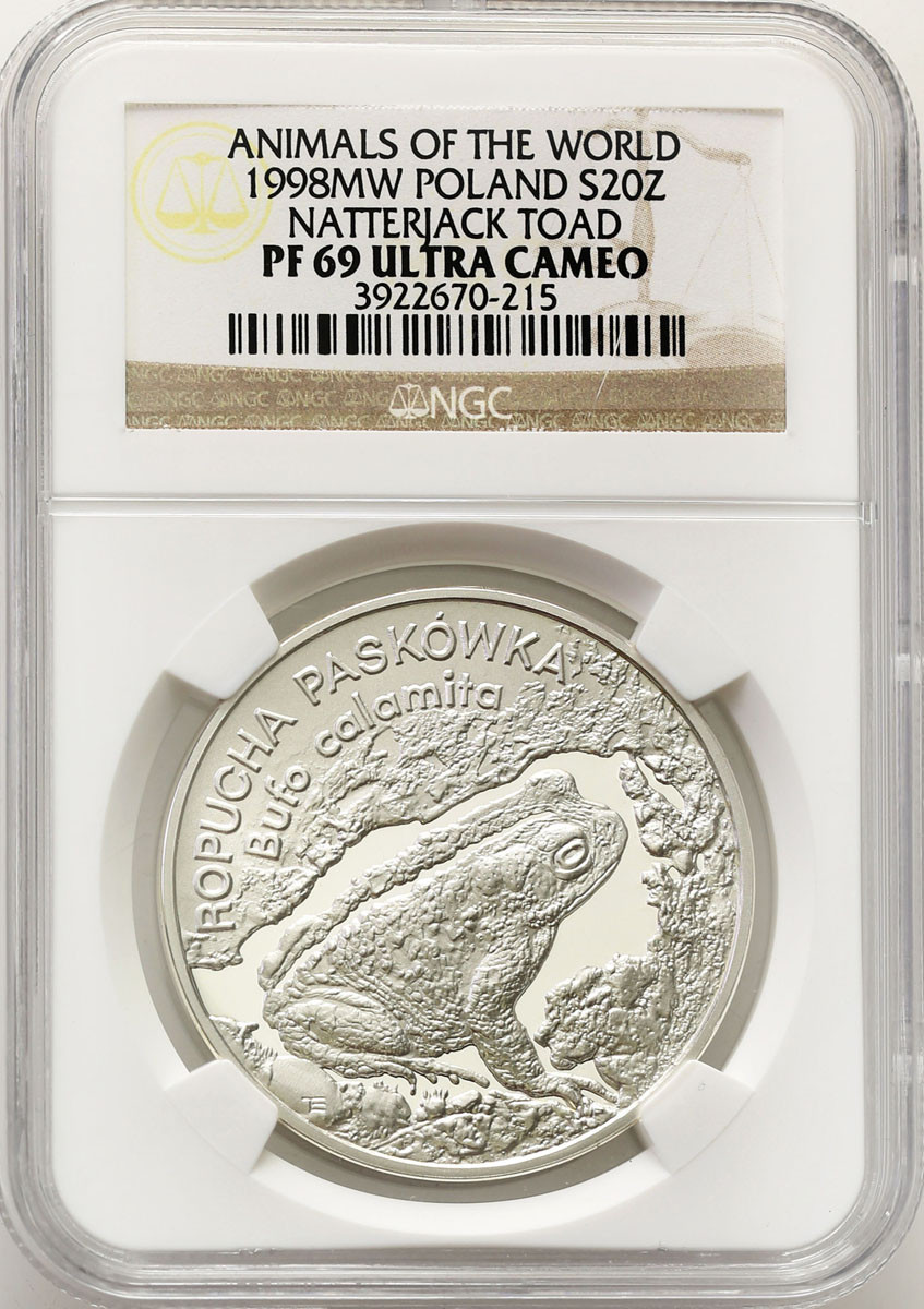 III RP. 20 zł 1998 Ropucha Paskówka NGC PF69 ULTRA CAMEO (2 MAX)